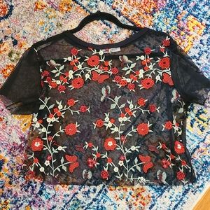 Sheer Black Embroidered Crop Top